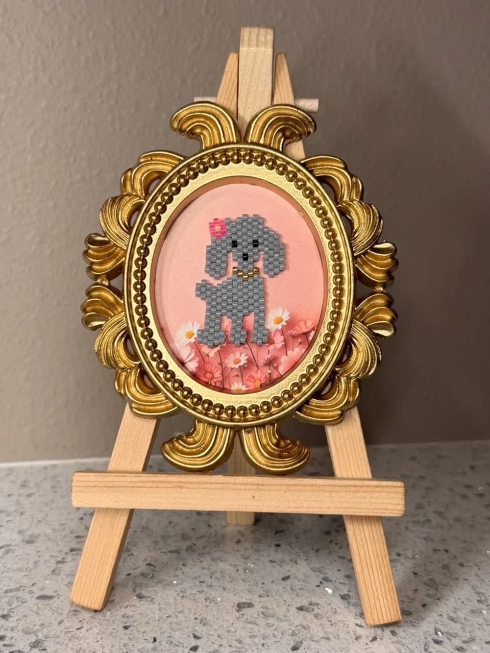Mini Beaded Poodle Art in Gold Frame – Handmade Dog Decor - Picture 2 of 4